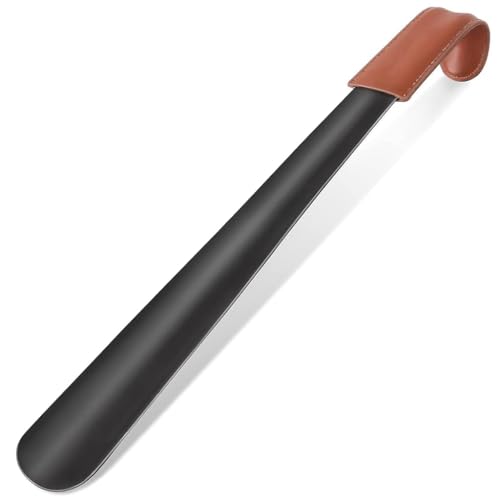 PALAY® Long Handle Shoe Horn for Men Stainless Steel Shoehorn 16.5 in Shoespooner with Leather Handle Cover for Seniors, Pregnant Women, Kids - Hanging Design Brown - Image 1