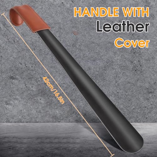 PALAY® Long Handle Shoe Horn for Men Stainless Steel Shoehorn 16.5 in Shoespooner with Leather Handle Cover for Seniors, Pregnant Women, Kids - Hanging Design Brown - Image 2