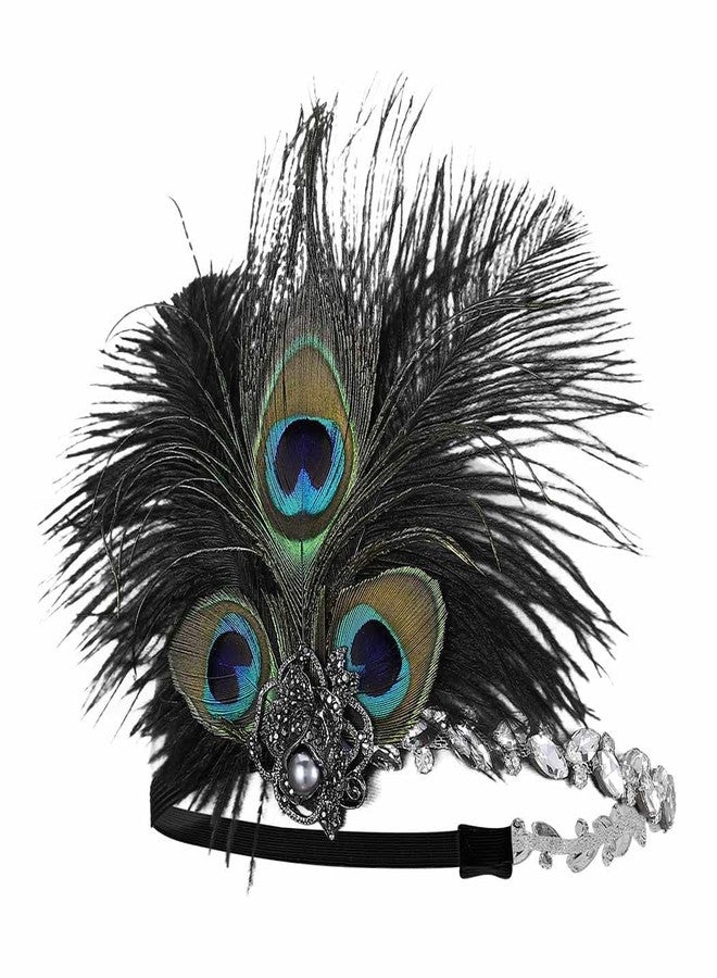 GENBREE Flapper Headband 1920s Peacock Headpiece Rhinestone Black Feather Headpieces Prom Cocktail hair Accessories for Women - Image 2