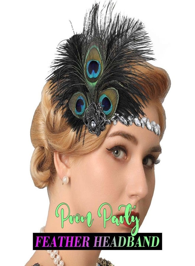 GENBREE Flapper Headband 1920s Peacock Headpiece Rhinestone Black Feather Headpieces Prom Cocktail hair Accessories for Women - Image 3