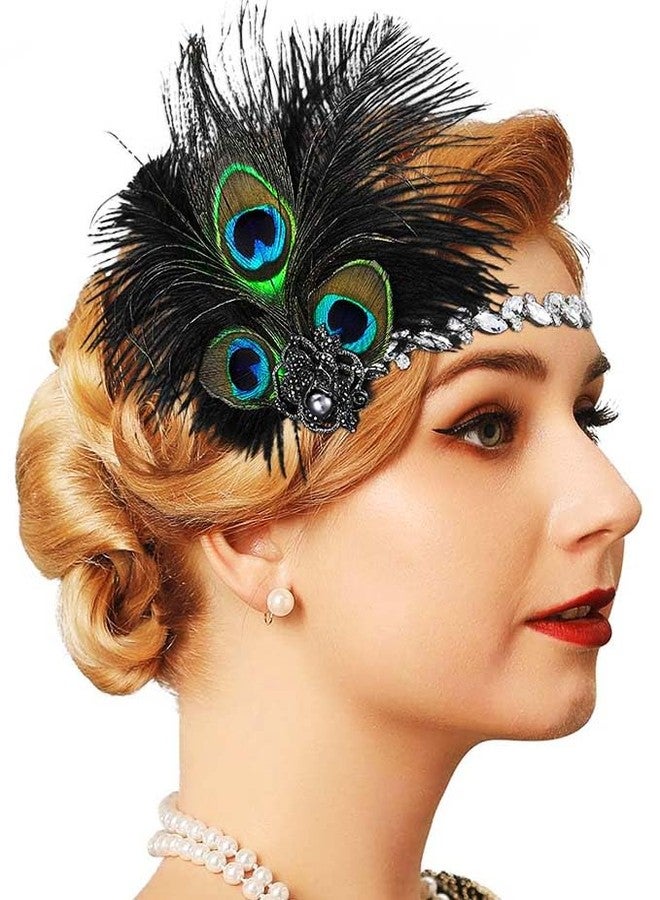 GENBREE Flapper Headband 1920s Peacock Headpiece Rhinestone Black Feather Headpieces Prom Cocktail hair Accessories for Women - Image 1