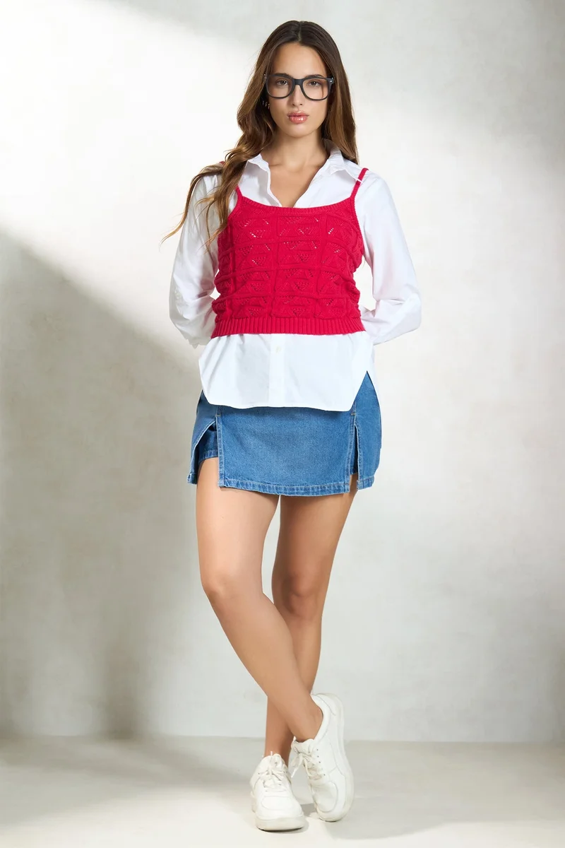 فيرجيو Solid Cotton Red Knit Strappy Crop Top for Women