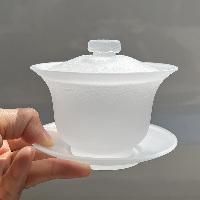 Transparent glass three-piece cover Bowl suit hand painted golden edge glass kung fu tea set tea maker household Master Cup Frosted-fine grain cover Bowl 