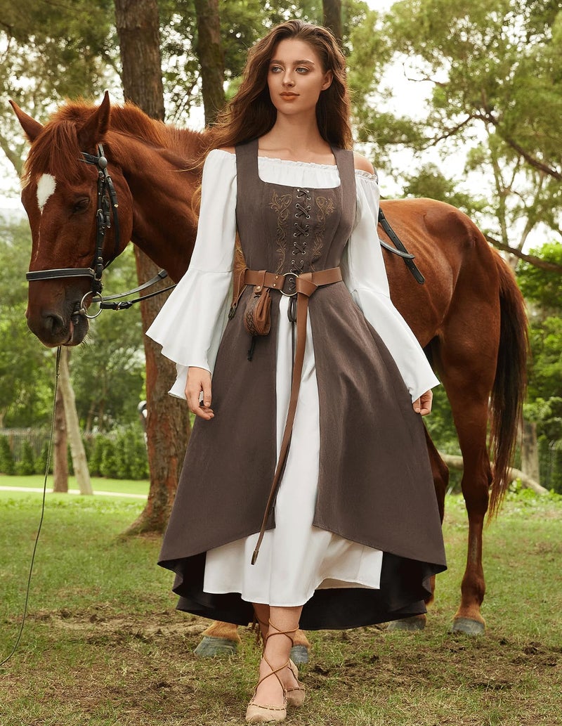 Scarlet Darkness Pirate Costume Women Renaissance Lace Up Overdress Cottagecore Peasant Dress Brown S - Image 5