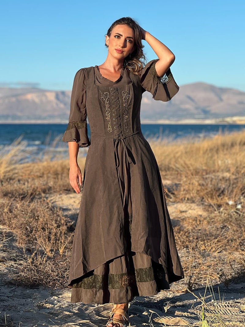 Scarlet Darkness Pirate Costume Women Renaissance Lace Up Overdress Cottagecore Peasant Dress Brown S - Image 4