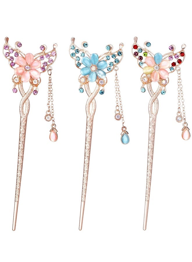 الفراشة الزهور الشعر العصي دبابيس لبنز 3pcs، الصينية الزهور الشعر عصي للنساء البنات الشعر السميك الطويل، العصي الرينز القديم الشعر دبابيس مع منصات تصفيف الشعر الملحقات للنساء - Image 1