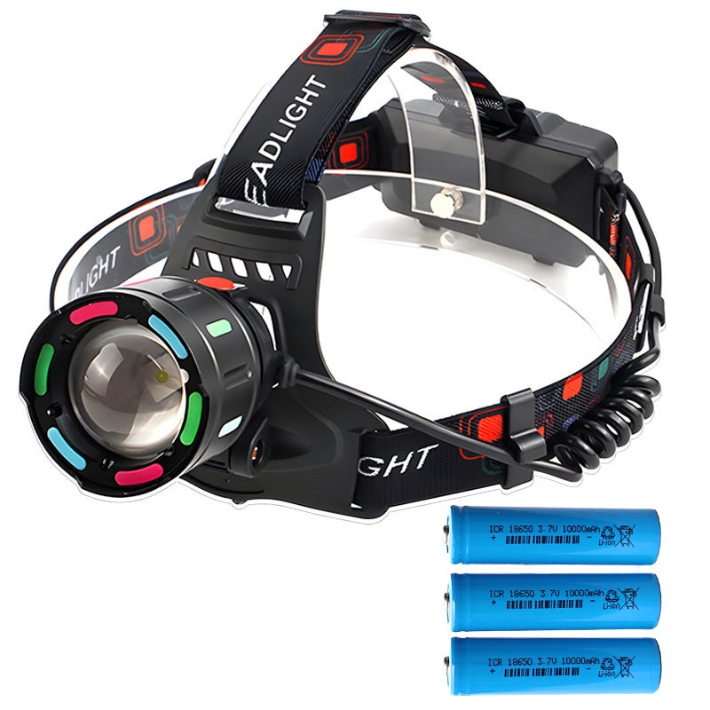 Ultra-Bright LED Headlamp Colorful Fishing Outdoor Light Headlamp 3 18650 batteries