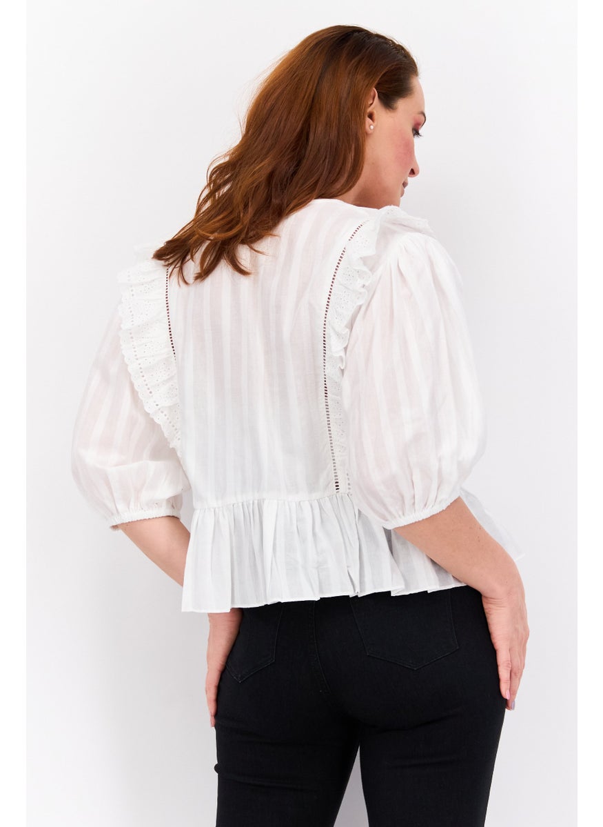 Scotch & Soda - Women V Neck Puffed Sleeve Textured Top, White - Image 1