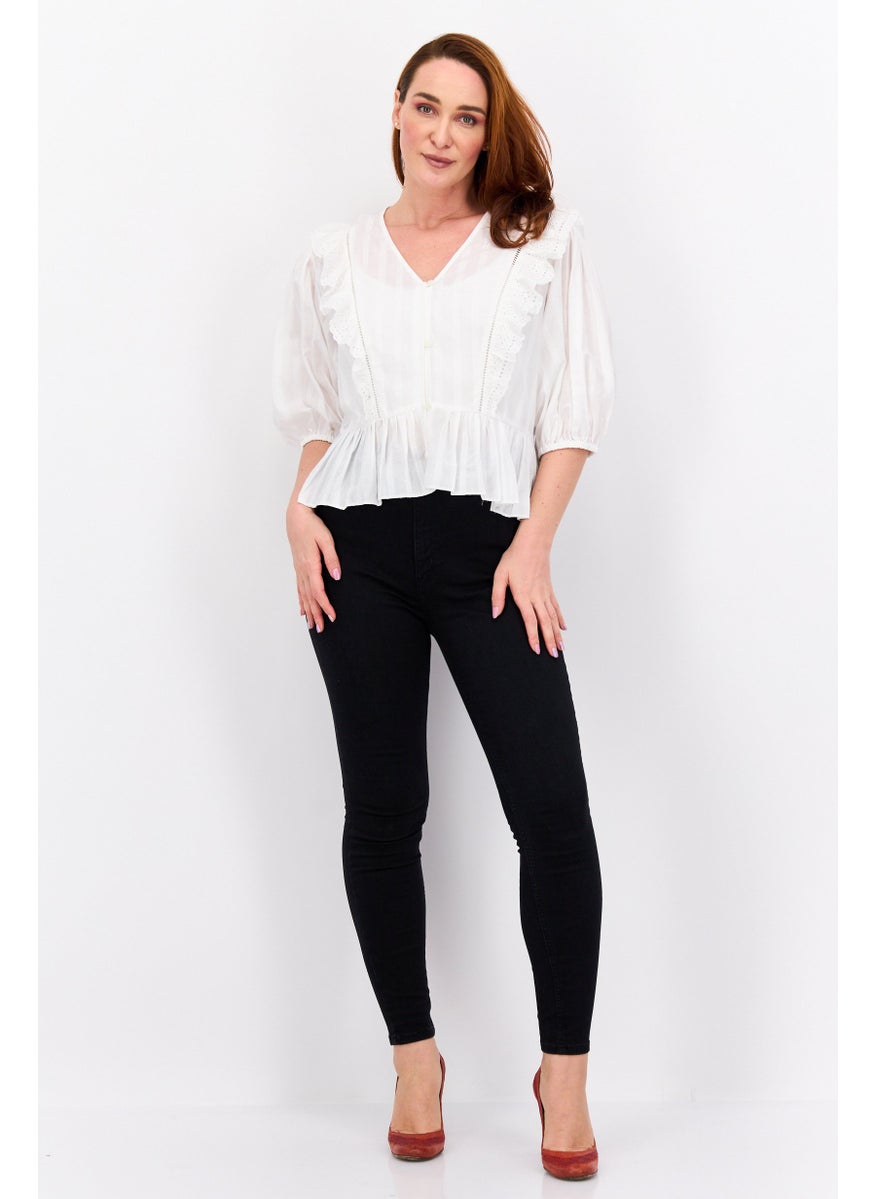 Scotch & Soda - Women V Neck Puffed Sleeve Textured Top, White - Image 1