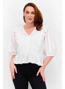 Women V Neck Puffed Sleeve Textured Top, White