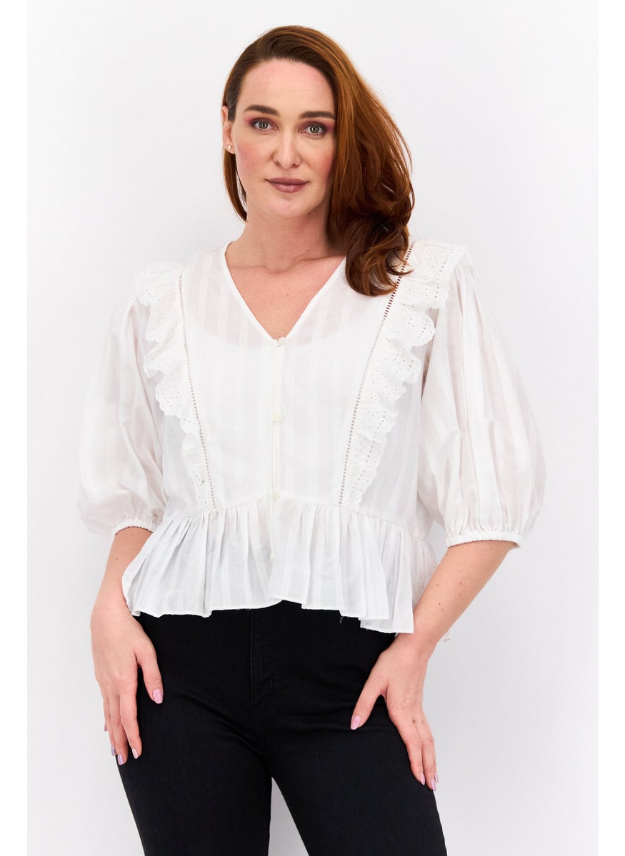 Scotch & Soda - Women V Neck Puffed Sleeve Textured Top, White - Image 1