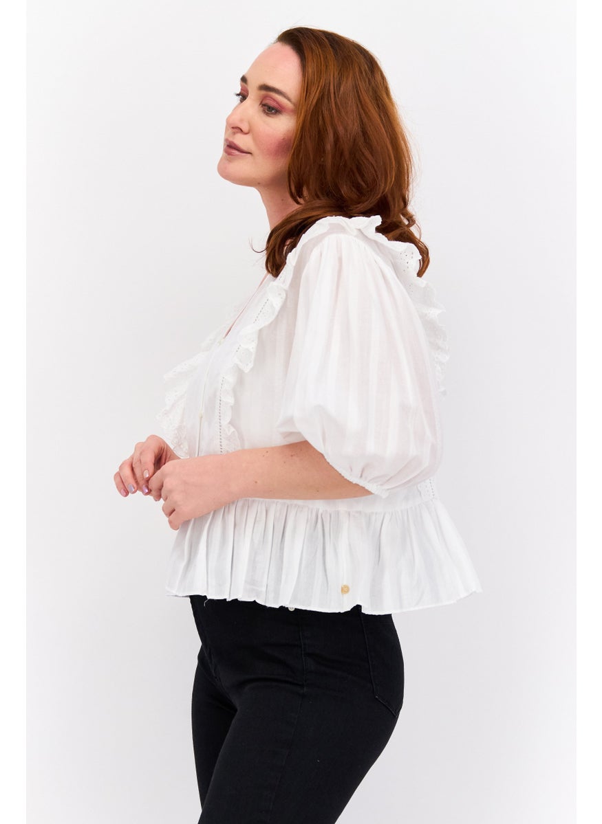 Scotch & Soda - Women V Neck Puffed Sleeve Textured Top, White - Image 1