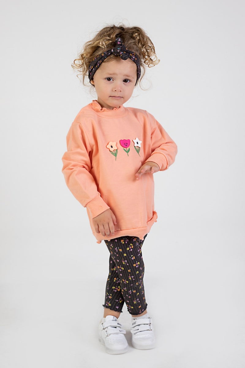 Harika Kids Baby Girl Two Yarn Fabric Medium Thickness Embroidered Bandana Included Knitted Basic Tracksuit Set  - Image 4