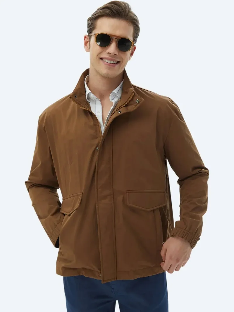 كيب معطف بني فاتح فضفاض بياقة عالية، معطف كاجوال منسوج