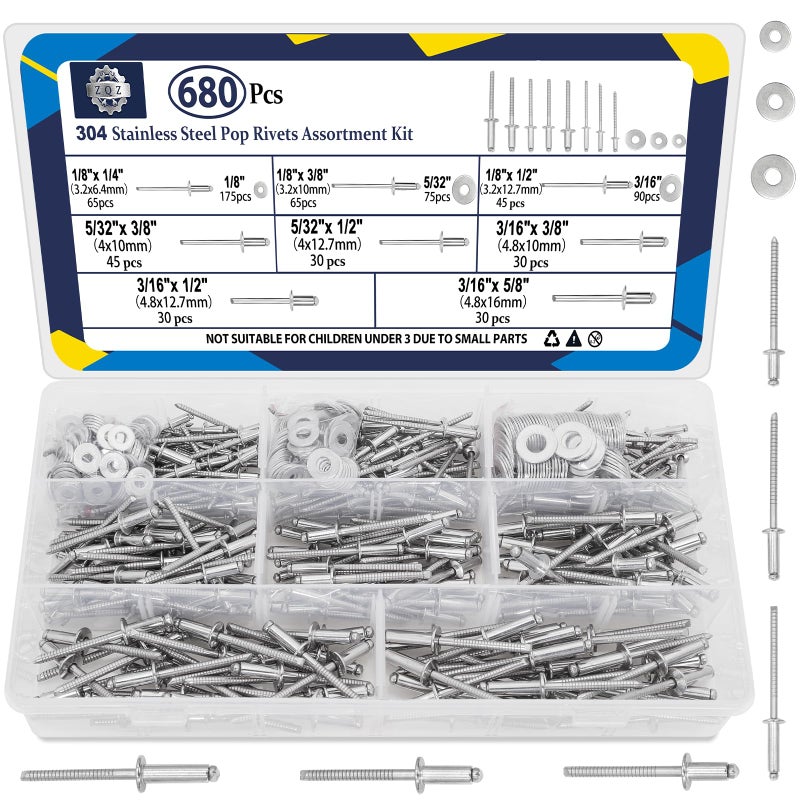ZQZ 680Pcs Stainless Steel Pop Rivets 8 Sizes Stainless Rivets with 18 532 316 Blind Rivets and Washers Assortment Kit - Image 2
