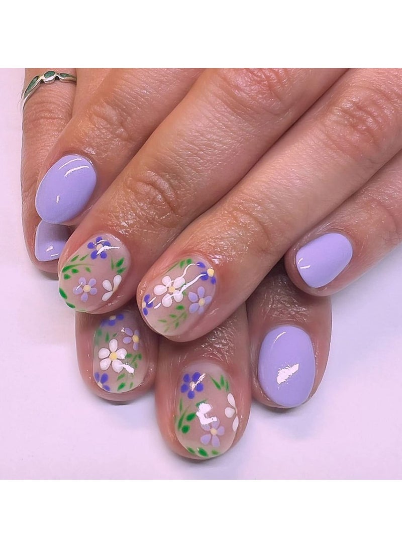SYOSI 24 Pcs Press on Fake Nails, Short Square Flower Fake Nails, Purple Full Cover False Nails with Flower Designs Glossy False Nails with Nail Glue Artificial Acrylic Nails for Women Girls  - Image 1