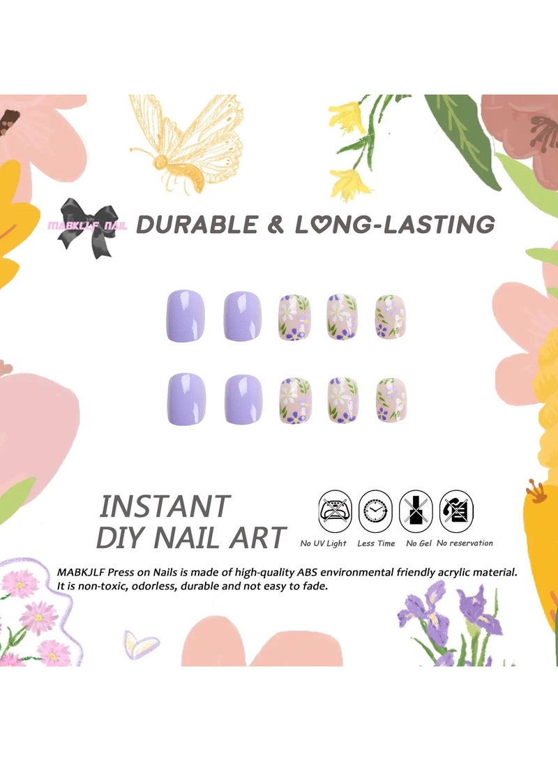 SYOSI 24 Pcs Press on Fake Nails, Short Square Flower Fake Nails, Purple Full Cover False Nails with Flower Designs Glossy False Nails with Nail Glue Artificial Acrylic Nails for Women Girls  - Image 3
