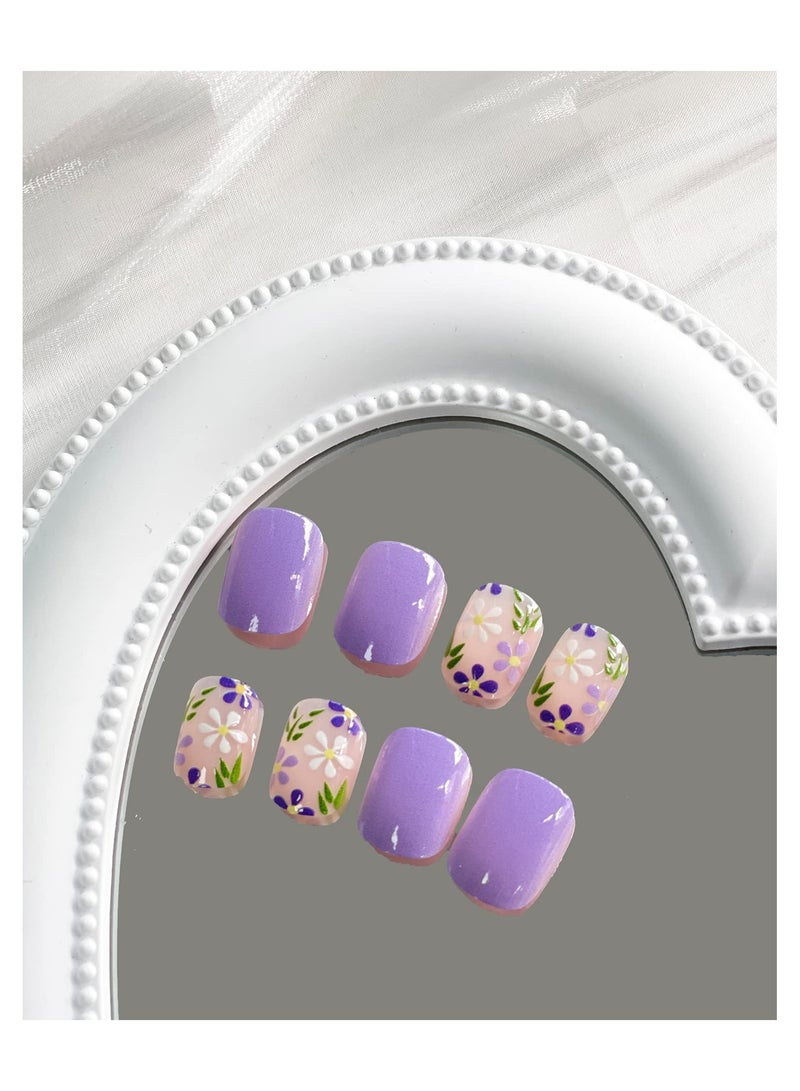 SYOSI 24 Pcs Press on Fake Nails, Short Square Flower Fake Nails, Purple Full Cover False Nails with Flower Designs Glossy False Nails with Nail Glue Artificial Acrylic Nails for Women Girls  - Image 2