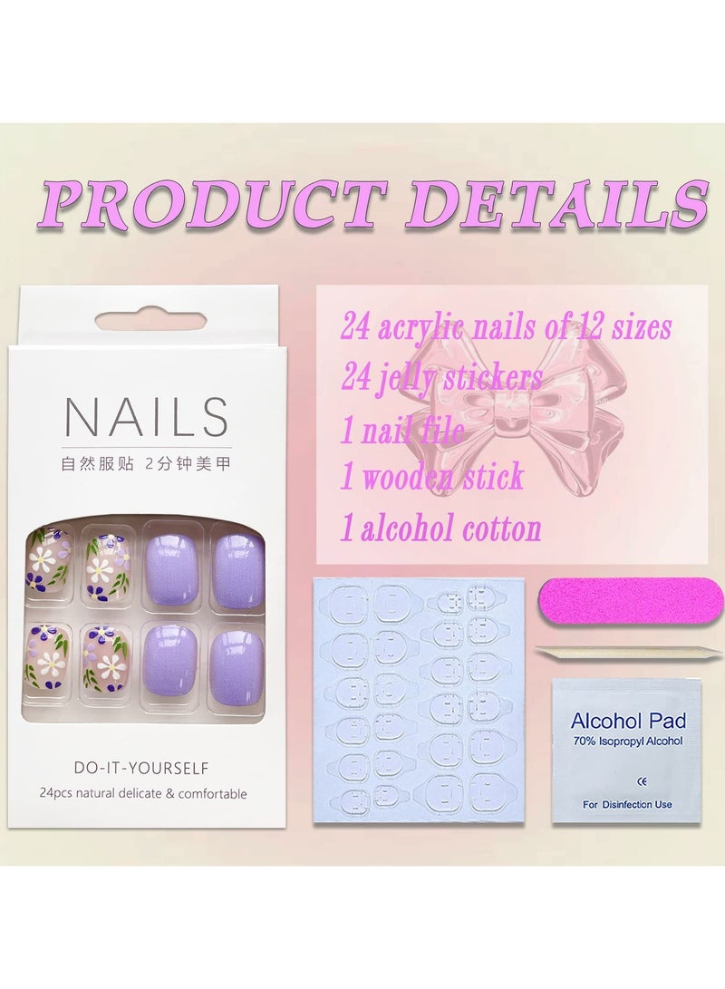 SYOSI 24 Pcs Press on Fake Nails, Short Square Flower Fake Nails, Purple Full Cover False Nails with Flower Designs Glossy False Nails with Nail Glue Artificial Acrylic Nails for Women Girls  - Image 4