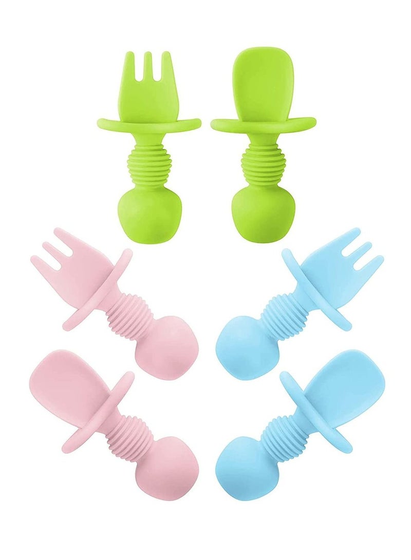 Baby Fork and Spoon, Silicone Spoons First Stage, Toddler Utensils for Led Weaning, Chewable Self Feeding, Anti-Choke, BPA-Free (6 Pcs, Green, Pink, Blue) - Image 1