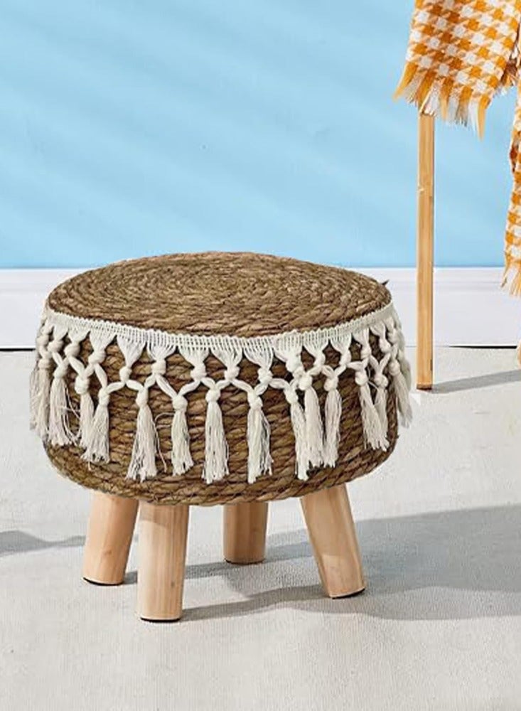 HOME TASTE Round Jute Footstool with Wooden Legs – Handwoven Pouffe Ottoman for Living Room, Bedroom & Office | Natural Seagrass Stool for Boho Decor | Modern Footrest (42x42x30 cm) - Image 3