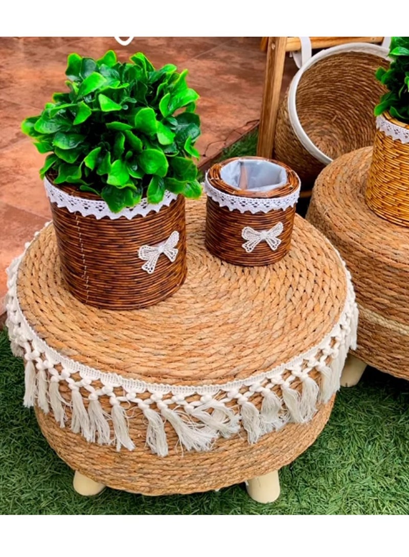 HOME TASTE Round Jute Footstool with Wooden Legs – Handwoven Pouffe Ottoman for Living Room, Bedroom & Office | Natural Seagrass Stool for Boho Decor | Modern Footrest (42x42x30 cm) - Image 4