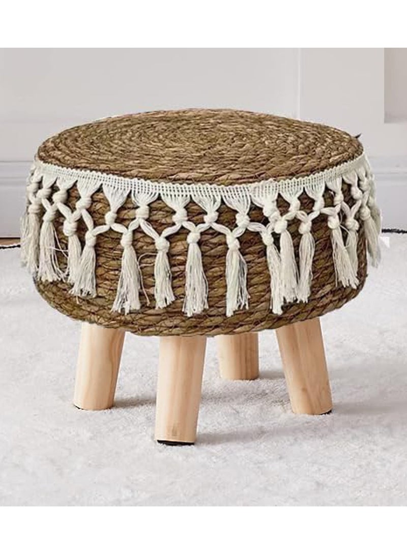 HOME TASTE Round Jute Footstool with Wooden Legs – Handwoven Pouffe Ottoman for Living Room, Bedroom & Office | Natural Seagrass Stool for Boho Decor | Modern Footrest (42x42x30 cm) - Image 1