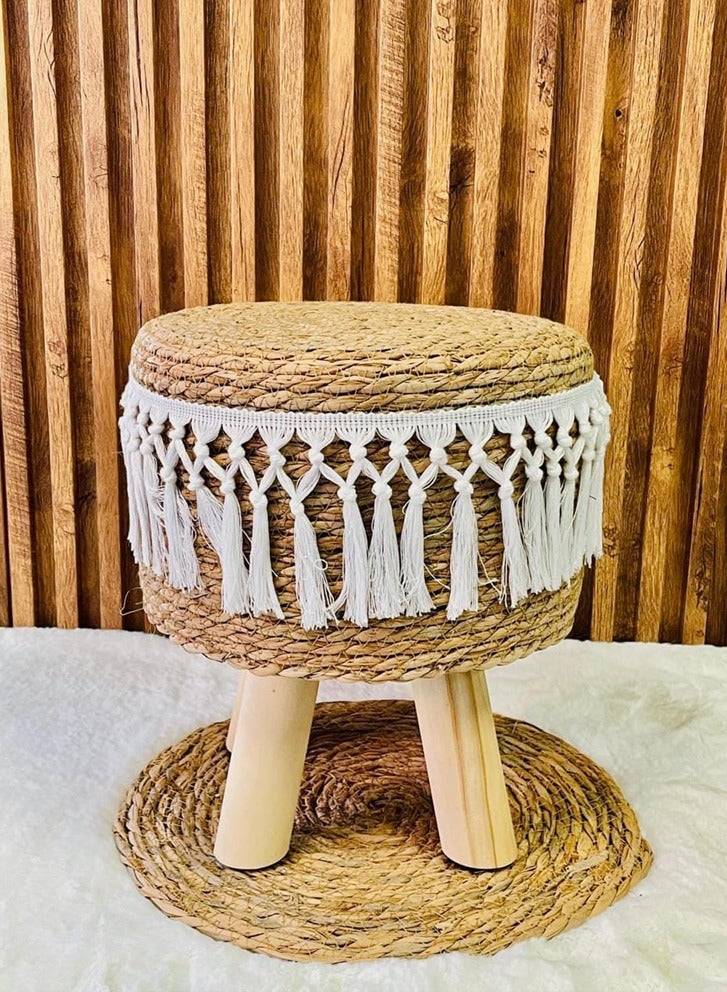 HOME TASTE Round Jute Footstool with Wooden Legs – Handwoven Pouffe Ottoman for Living Room, Bedroom & Office | Natural Seagrass Stool for Boho Decor | Modern Footrest (42x42x30 cm) - Image 5