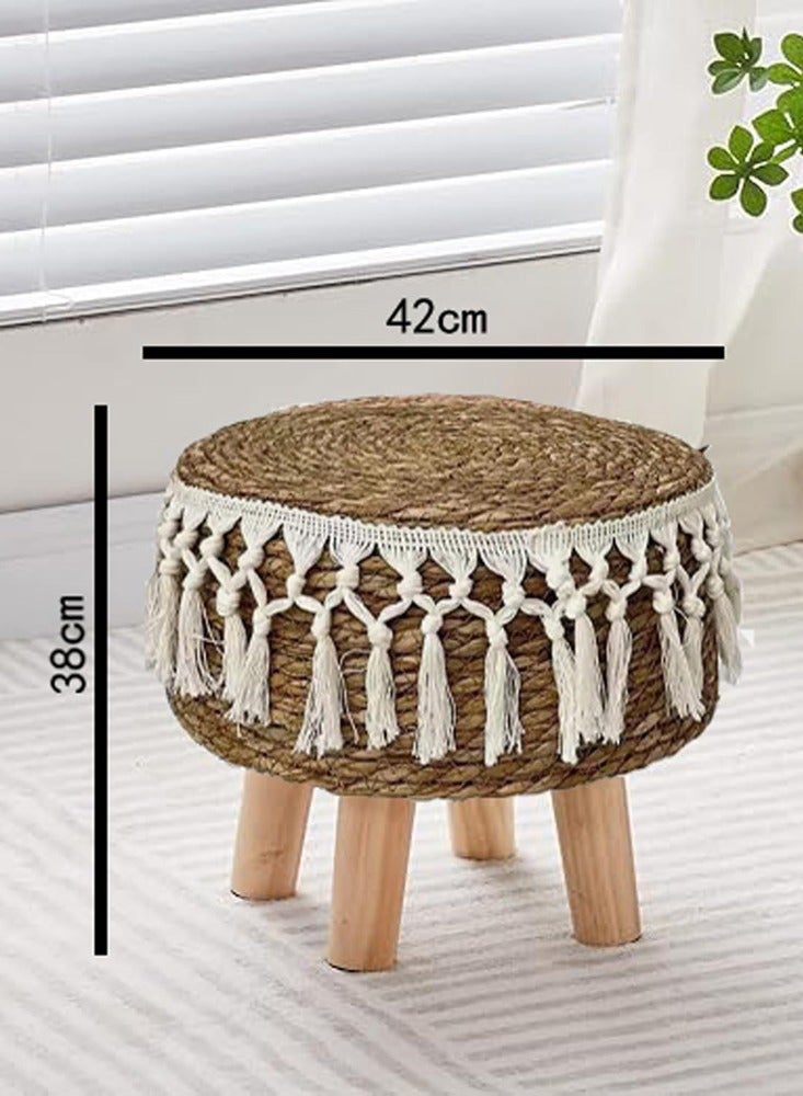 HOME TASTE Round Jute Footstool with Wooden Legs – Handwoven Pouffe Ottoman for Living Room, Bedroom & Office | Natural Seagrass Stool for Boho Decor | Modern Footrest (42x42x30 cm) - Image 2