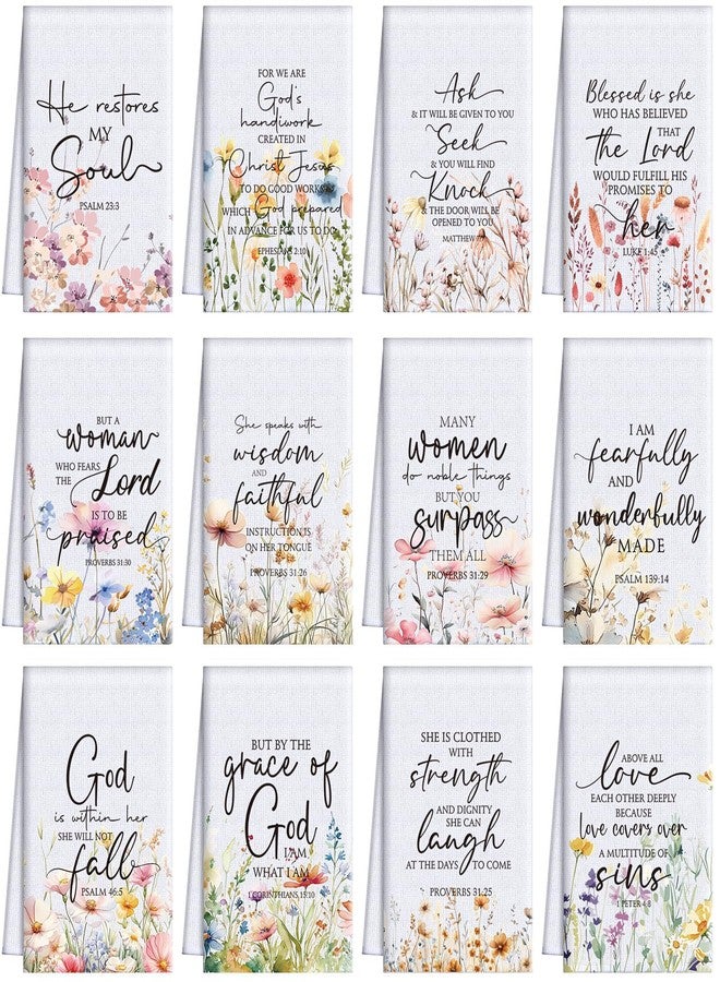 FuWeave 12 Pcs Father's Day Religious Christian Kitchen Dish Towel Christian Gifts for Women Men Bible Verse Dishcloth Absorbent Scripture Tea Towel for Housewarming(Watercolor,Wildflower) - Image 1