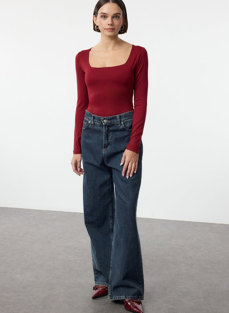 trendyol Burgundy Fitted/Square Neckline Knitted Bodysuit with Snap Buttons at the Bottom Twoaw24Bd00062 - Image 2
