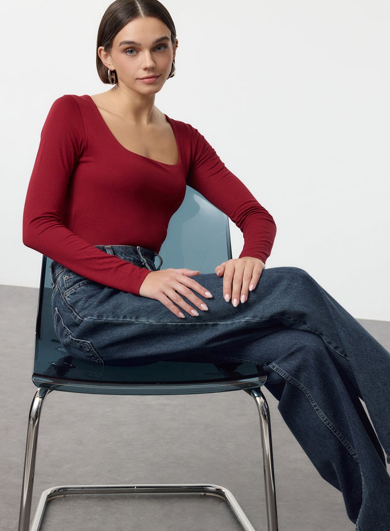 trendyol Burgundy Fitted/Square Neckline Knitted Bodysuit with Snap Buttons at the Bottom Twoaw24Bd00062 - Image 1