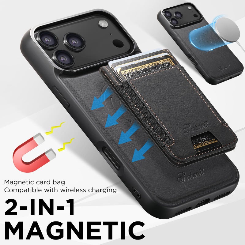 Suteni For Iphone 17 Pro H17 Litchi Texture Leather Magsafe Detachable Wallet Phone Case(Black) - Image 5