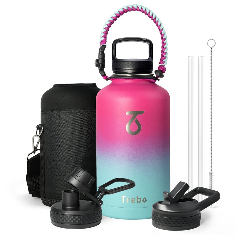 Trebo Insulated Water Bottle 64 oz Half Gallon Metal Vacuum Water Jug with Paracord Handle and 3 Lids Leakproof BPAFree Flask for Gym Sports Hiking Travel Keep Cold 48 Hours Rose Red