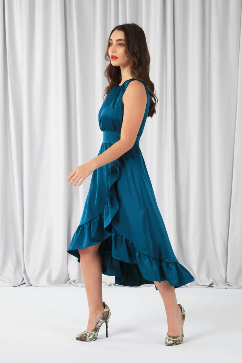 Double Second teal Teal Sleeveless Satin Frill Hem Wrap Dress for Women | Best Price UAE