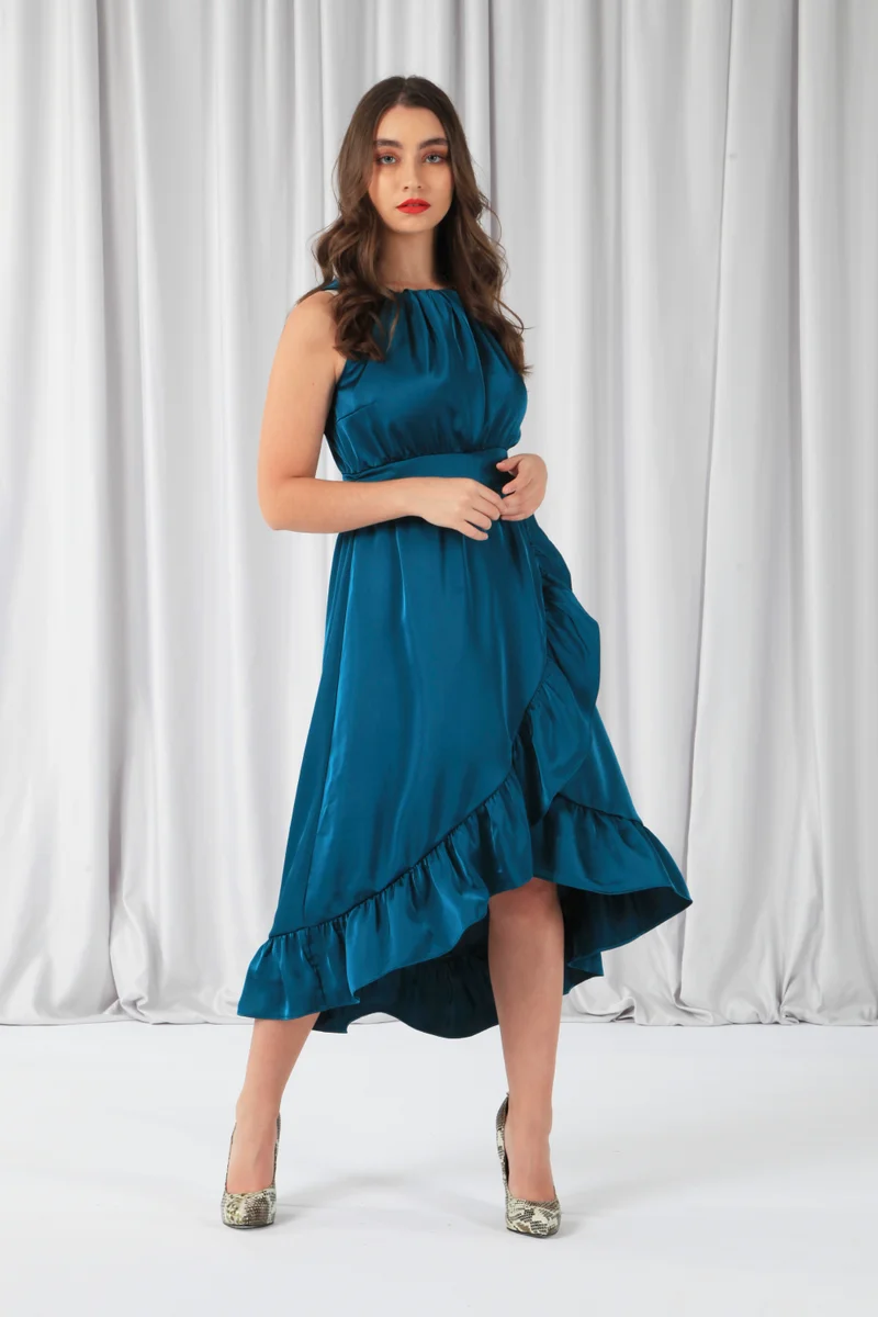 Teal Sleeveless Satin Frill Hem Wrap Dress