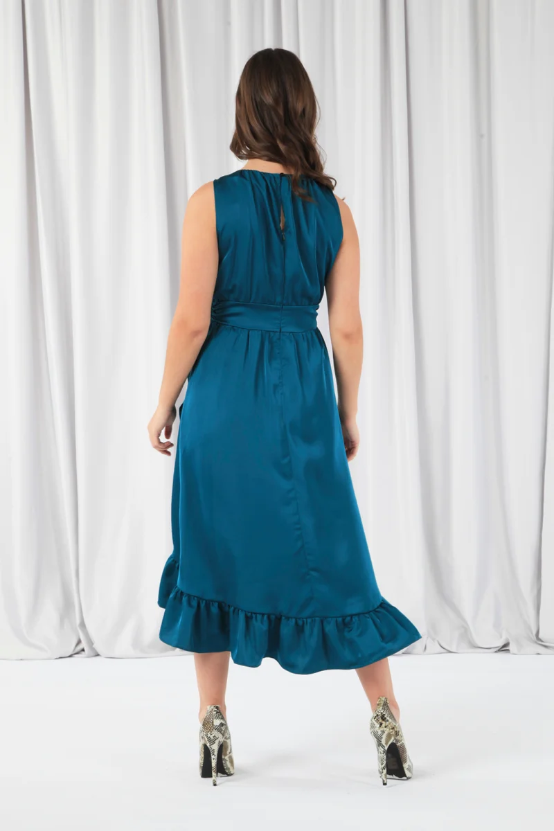 Double Second teal Teal Sleeveless Satin Frill Hem Wrap Dress for Women | Best Price UAE