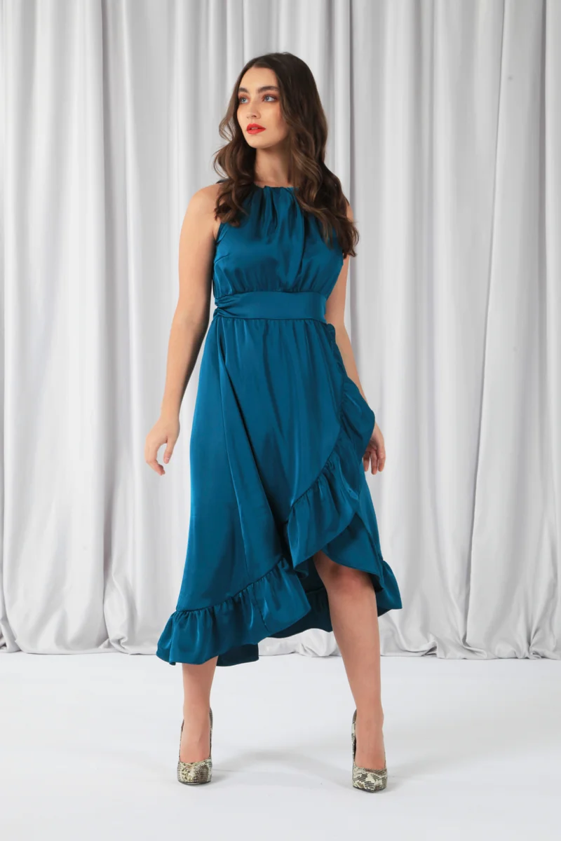 Double Second teal Teal Sleeveless Satin Frill Hem Wrap Dress for Women | Best Price UAE