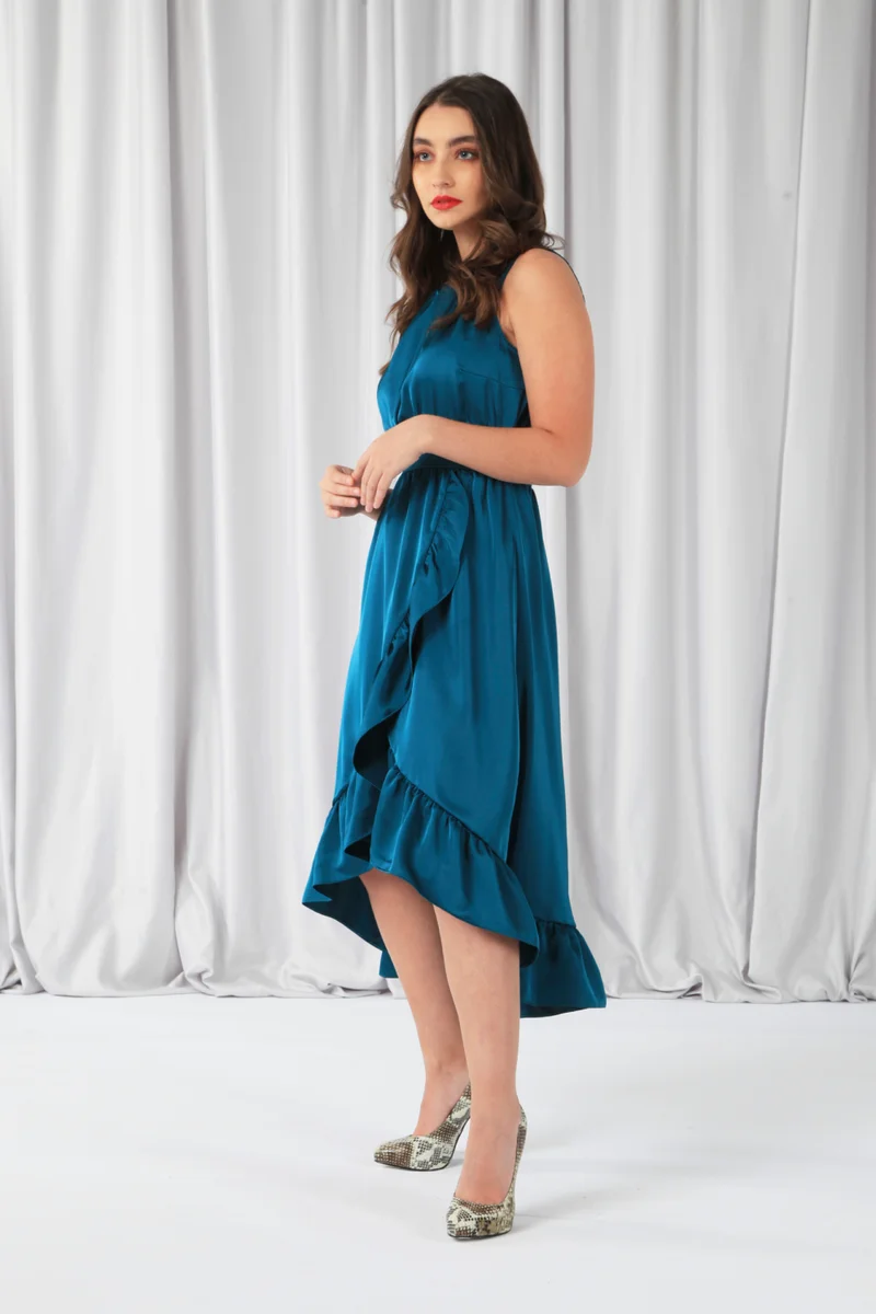 Double Second teal Teal Sleeveless Satin Frill Hem Wrap Dress for Women | Best Price UAE