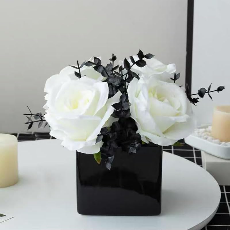 LADADA Artificial Flowers with Small Ceramic Vases, Roses in Vases Plastic Artificial Flowers and Plants,Used for Home Office Wedding Decoration, Table Decoration(White+Black) - Image 1
