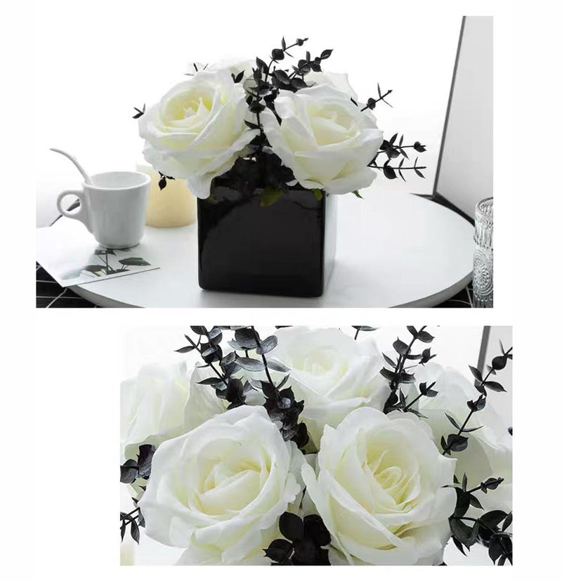 LADADA Artificial Flowers with Small Ceramic Vases, Roses in Vases Plastic Artificial Flowers and Plants,Used for Home Office Wedding Decoration, Table Decoration(White+Black) - Image 3