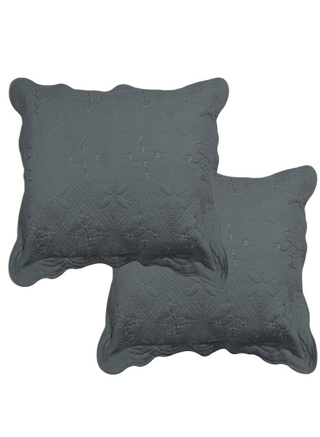 XSlive Solid Color 100% Cotton Quilted Pillow Shams Set of 2 Floral Embroidery Bed Pillow Shams Soft Pillow Covers (Dark Gray,16"x24") - Image 2