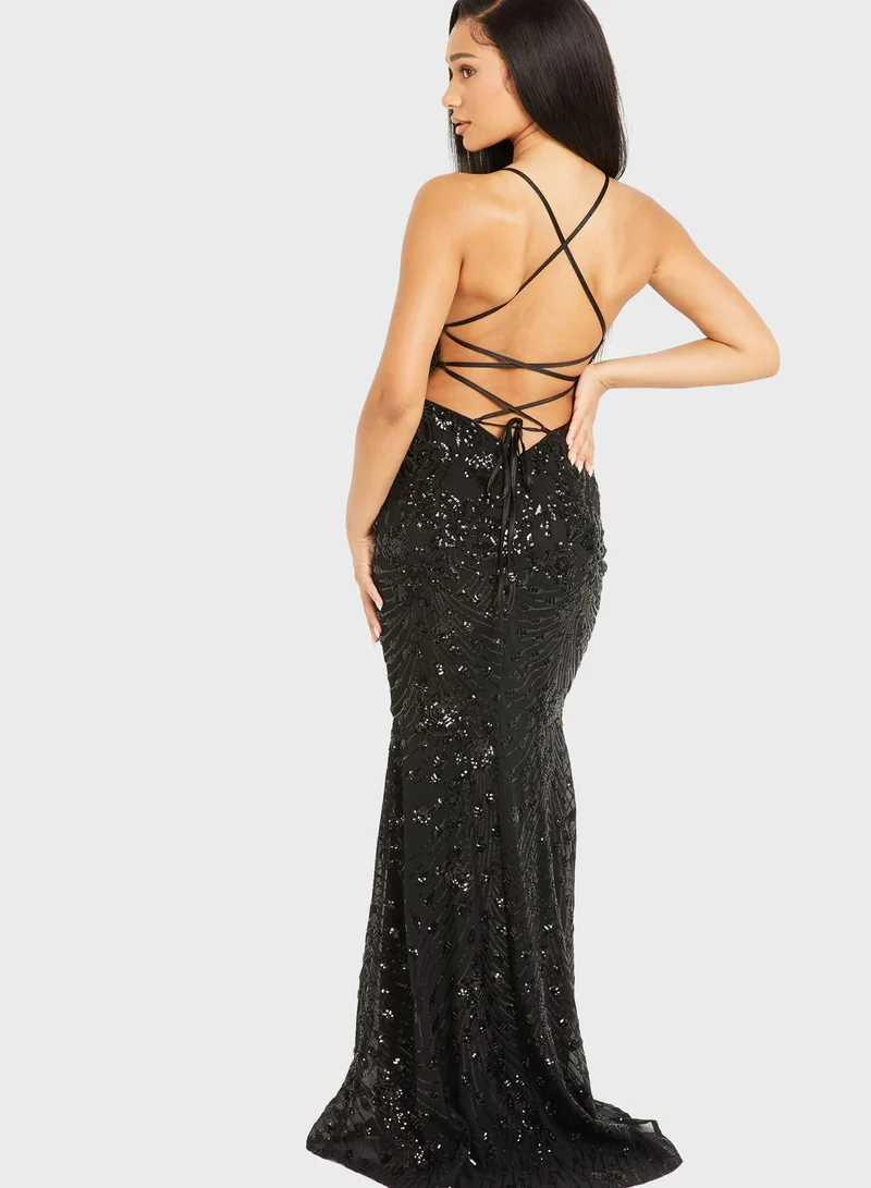 QUIZ Sequin Lace Detail Dress