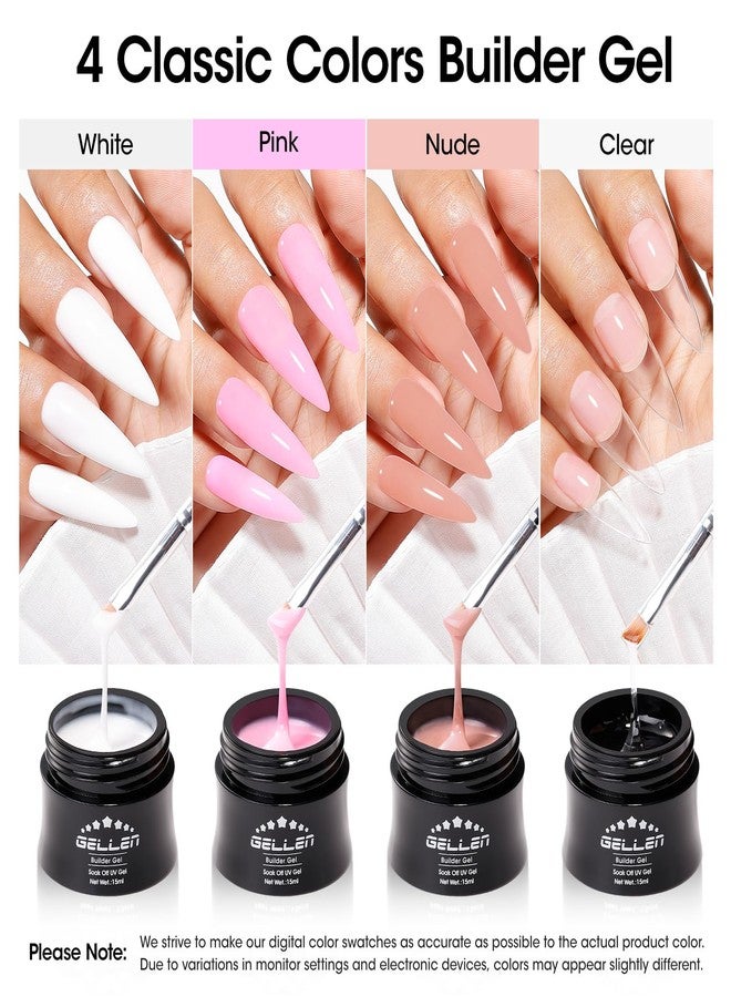 GELLEN Builder Gel Set for Nails,10 In 1 Hard Nail Extension Poly Gel Soak Off UV Polish Set 4 Colors Clear Milky White Classic Pink Nude Apex Sculpting Thickening Nails Salon Home Manicure - Image 2