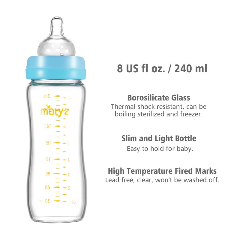 Matyz Glass Breastmilk Baby Feeding Bottle with Nipple, 4 Pack, 8 oz Slim and Light Bottle Easy to Hold, Food Grade Borosilicate Glass, Wide Neck Easy to Clean, No BPA (Blue Lids) - Image 3