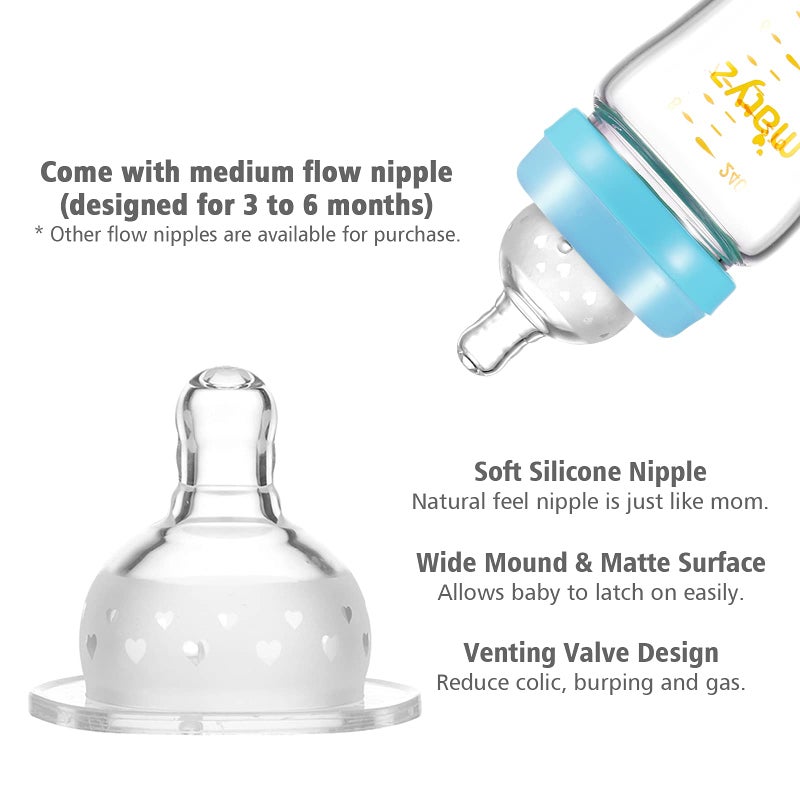 Matyz Glass Breastmilk Baby Feeding Bottle with Nipple, 4 Pack, 8 oz Slim and Light Bottle Easy to Hold, Food Grade Borosilicate Glass, Wide Neck Easy to Clean, No BPA (Blue Lids) - Image 4