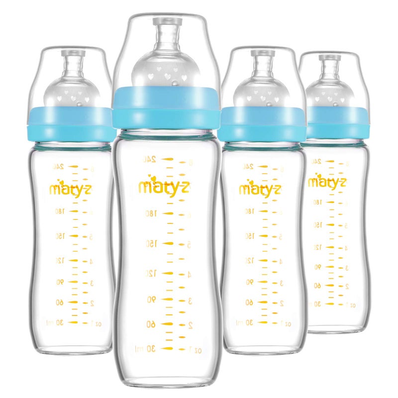 Matyz Glass Breastmilk Baby Feeding Bottle with Nipple, 4 Pack, 8 oz Slim and Light Bottle Easy to Hold, Food Grade Borosilicate Glass, Wide Neck Easy to Clean, No BPA (Blue Lids) - Image 1