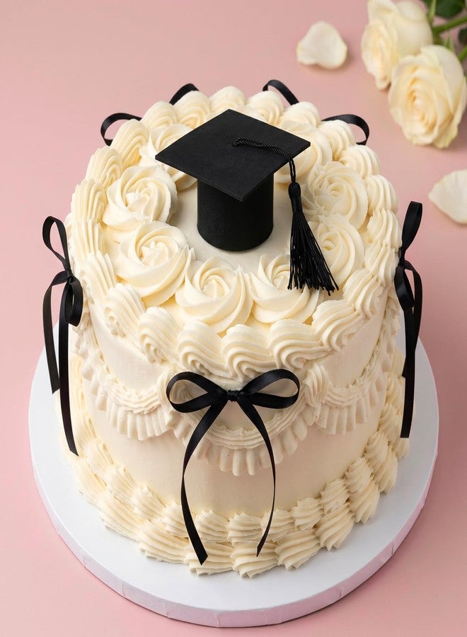 Hftjtsa Black Congrats Grad Cake Topper Graduation Cap Bow Design for Class Themed Party Decorations - Image 3