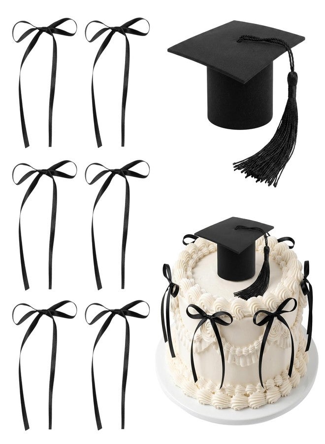 Hftjtsa Black Congrats Grad Cake Topper Graduation Cap Bow Design for Class Themed Party Decorations - Image 1