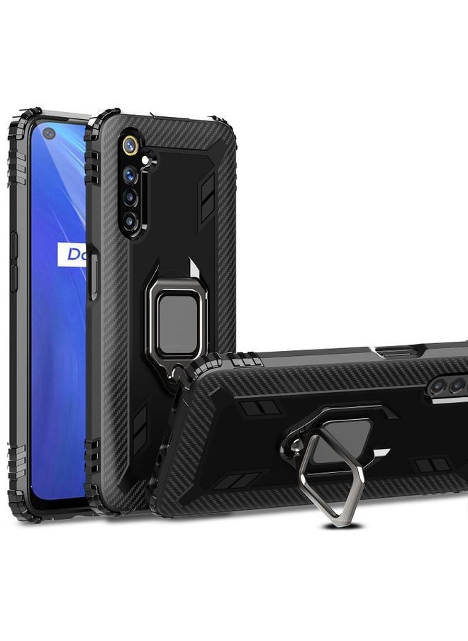HuHa Case Cover For Realme 6S Carbon Fiber Protective Case with 360 Degree Rotating Ring Holder Black 
